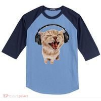 Silly Cat With Headphones Raglan Baseball Sleeve Shirt thumb 0