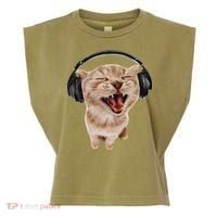 Silly Cat With Headphones Garment-Dyed Women's Muscle Tee thumb 0