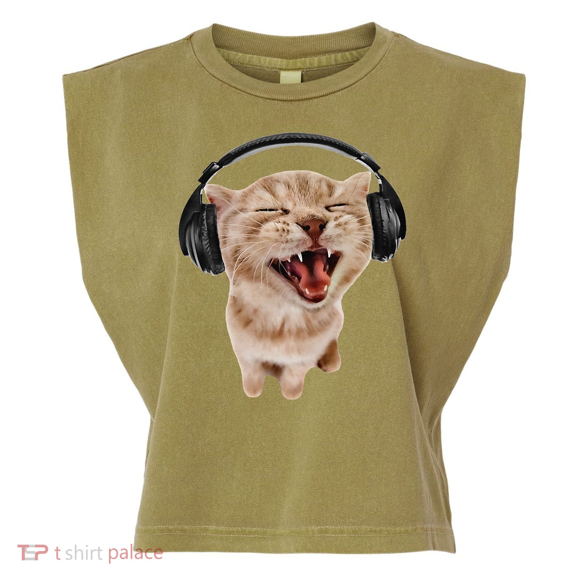 Silly Cat With Headphones Garment-Dyed Women's Muscle Tee