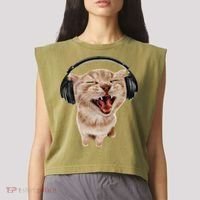 Silly Cat With Headphones Garment-Dyed Women's Muscle Tee thumb 2