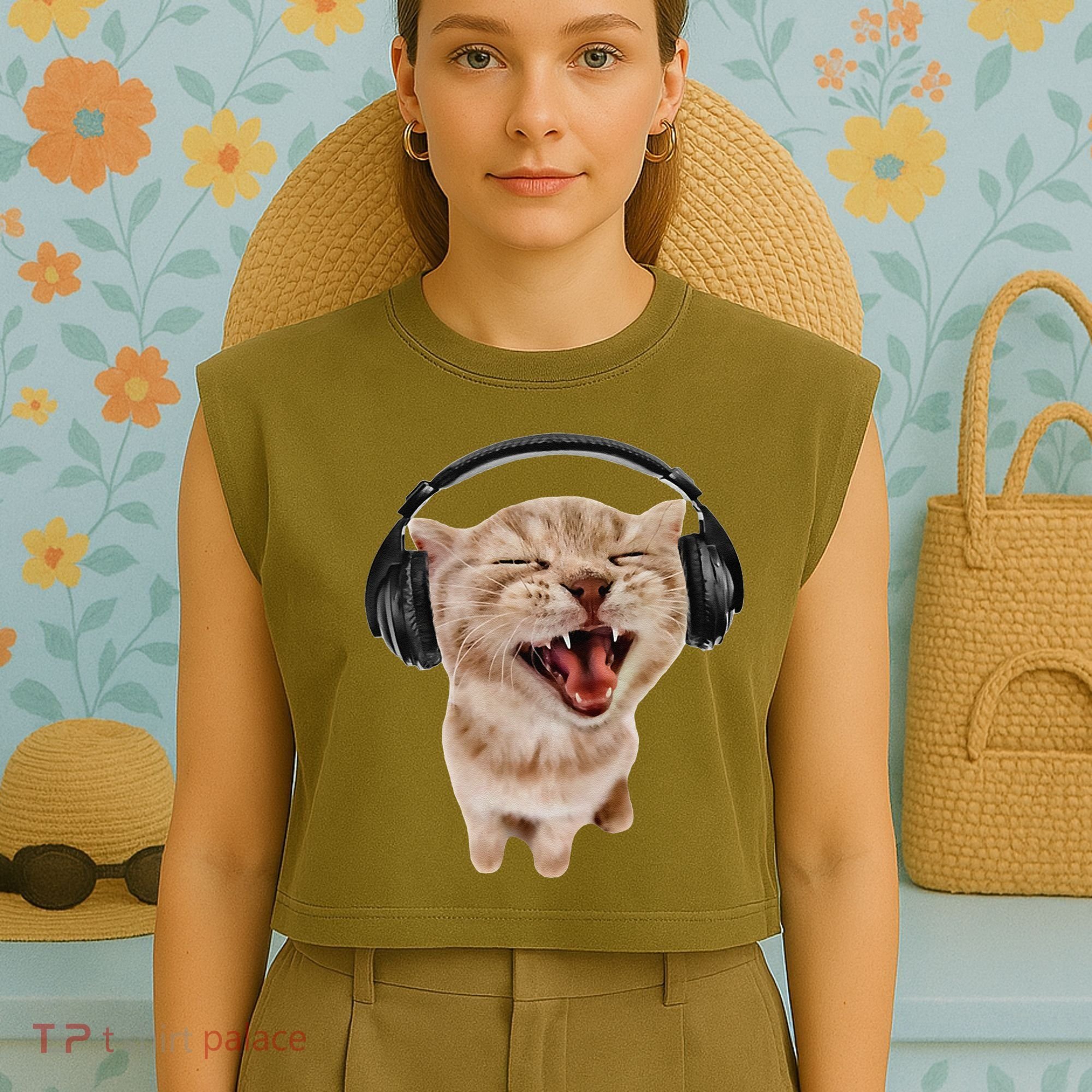 Silly Cat With Headphones Garment-Dyed Women's Muscle Tee