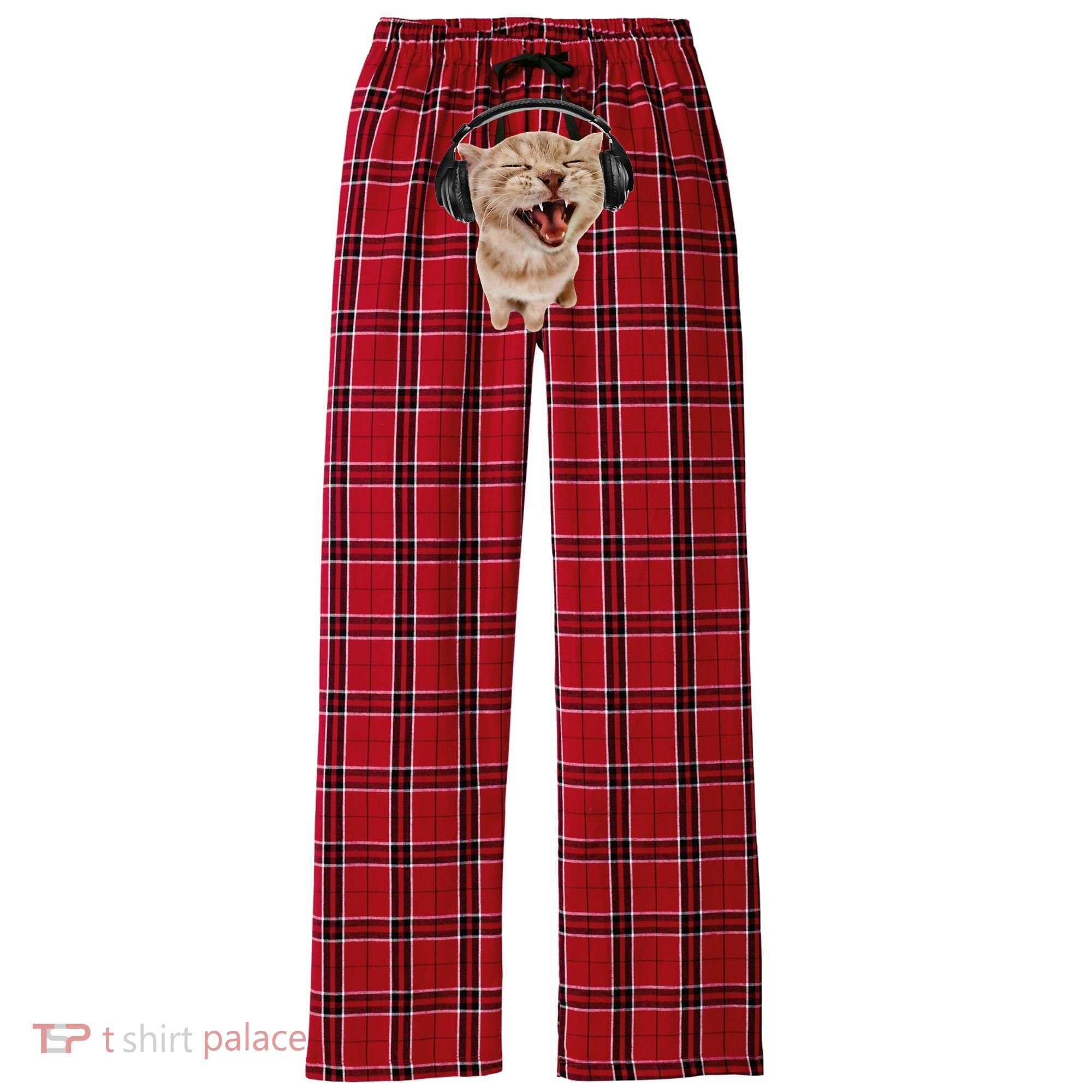 Silly Cat With Headphones Women's Flannel Plaid Pajama Pants