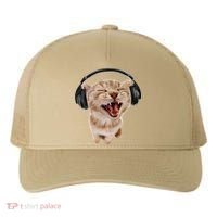 Silly Cat With Headphones Yupoong Adult 5-Panel Trucker Hat thumb 0