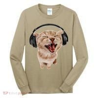Silly Cat With Headphones Tall Long Sleeve Shirt thumb 0
