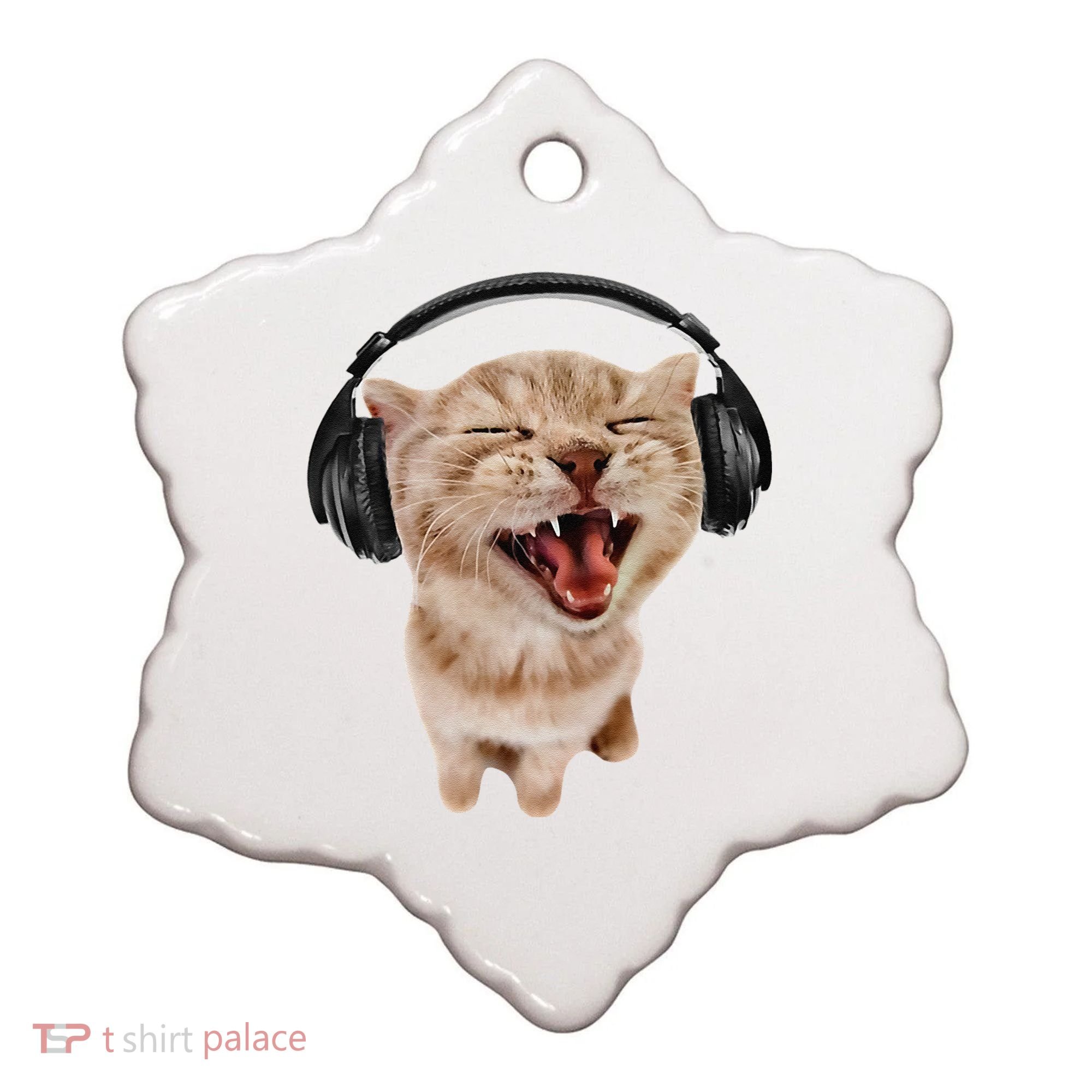 Silly Cat With Headphones Ceramic Ornament