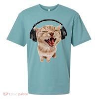 Silly Cat With Headphones Sueded Cloud Jersey T-Shirt thumb 0