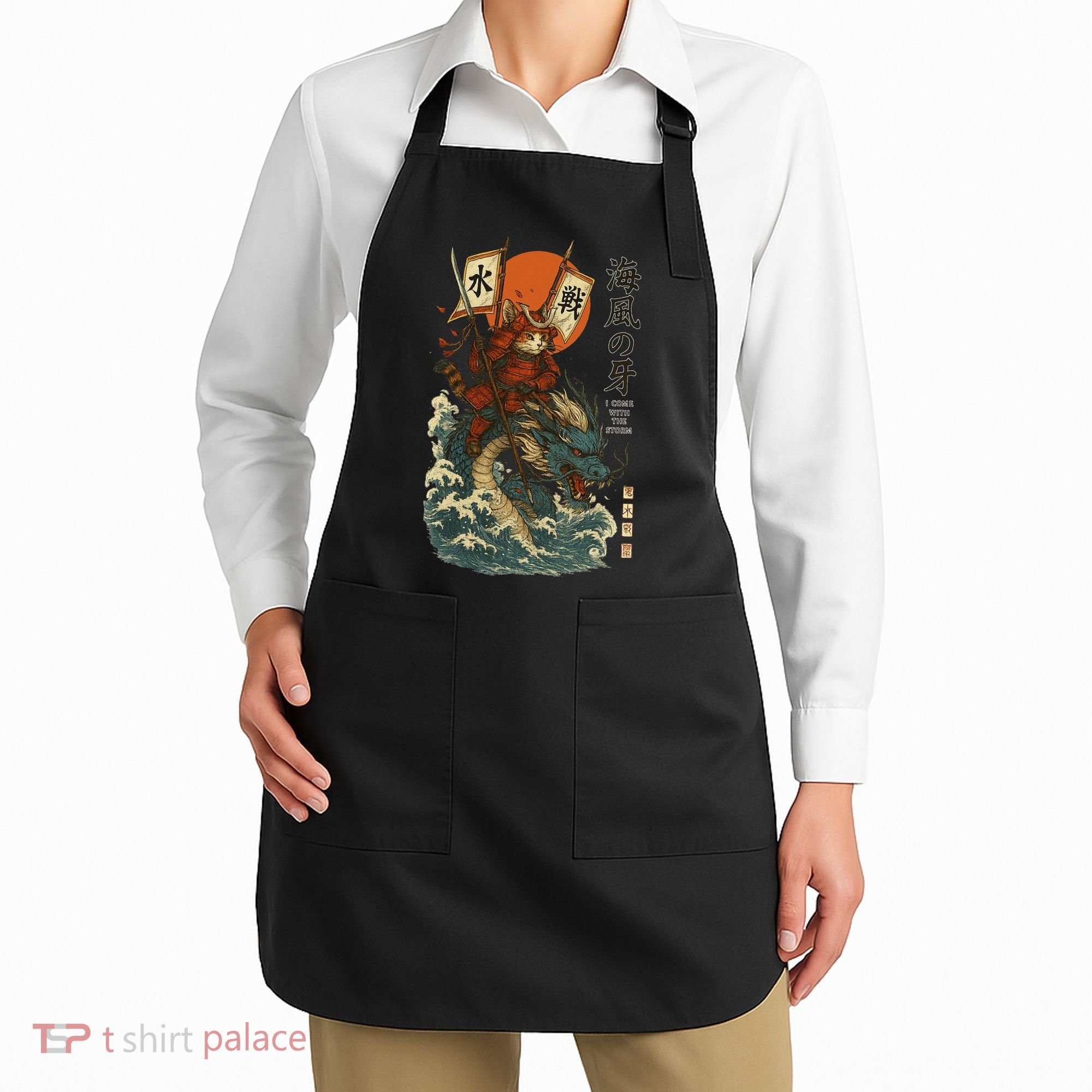 Samurai Cat With Sea Dragon Fantasy Art Apron
