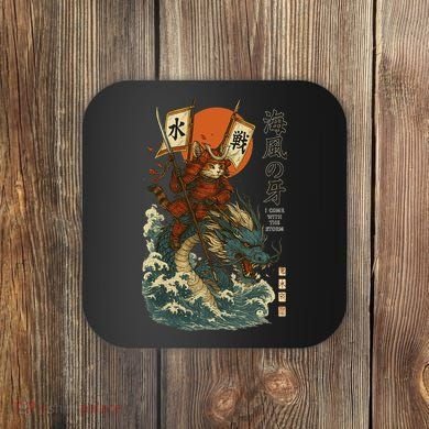 Samurai Cat With Sea Dragon Fantasy Art Coaster
