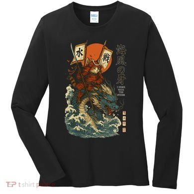 Samurai Cat With Sea Dragon Fantasy Art Women's Long Sleeve Shirt