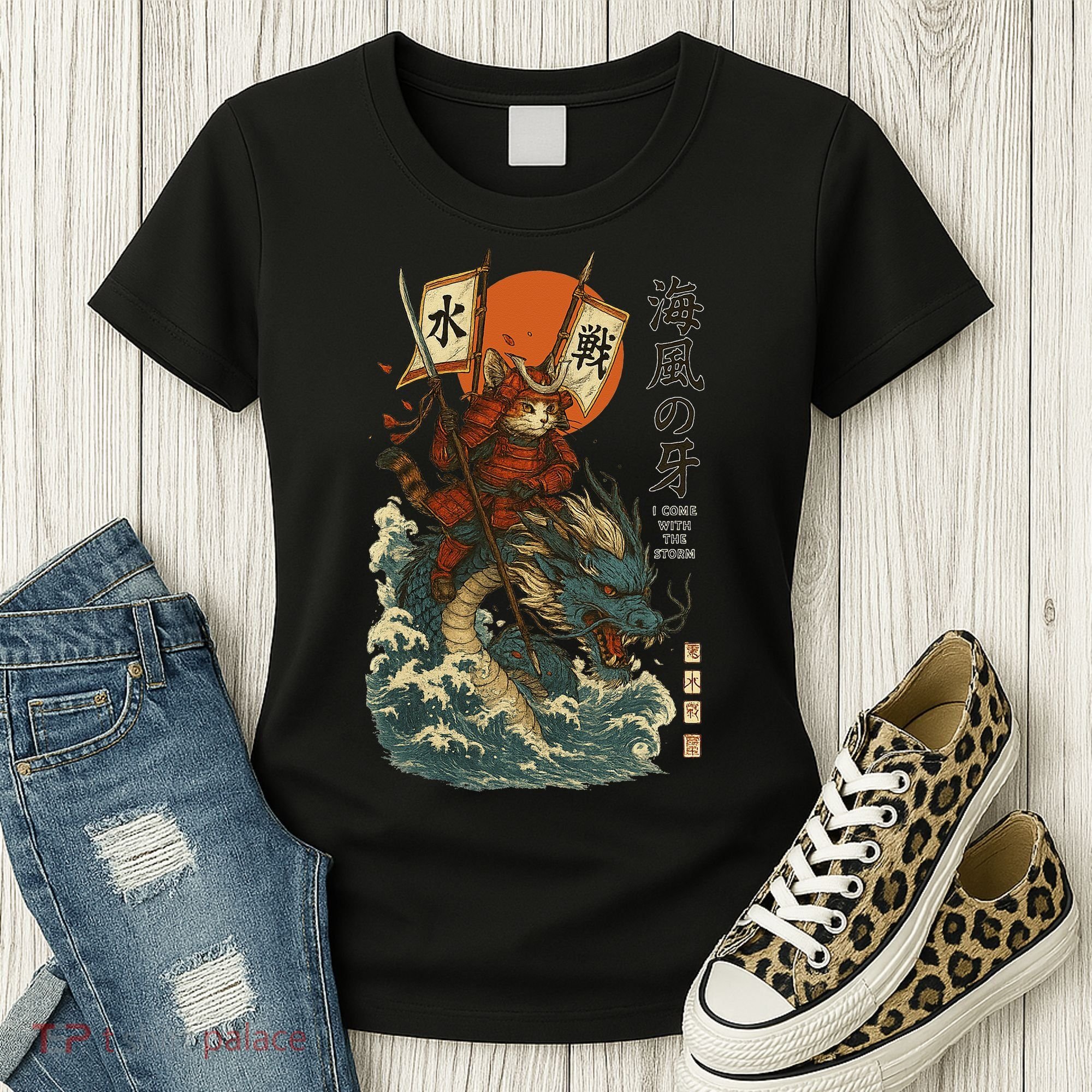 Samurai Cat With Sea Dragon Fantasy Art Women's T-Shirt