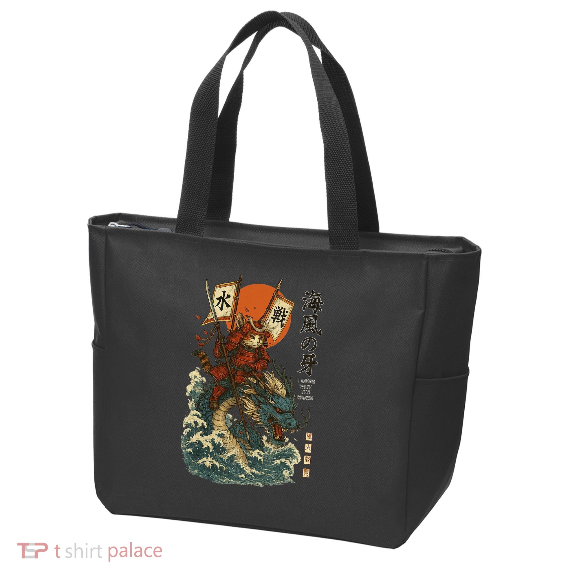 Samurai Cat With Sea Dragon Fantasy Art Tote Bag