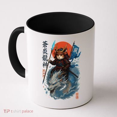 Samurai Cat Warrior And Mystic Blue Dragon Coffee Mug