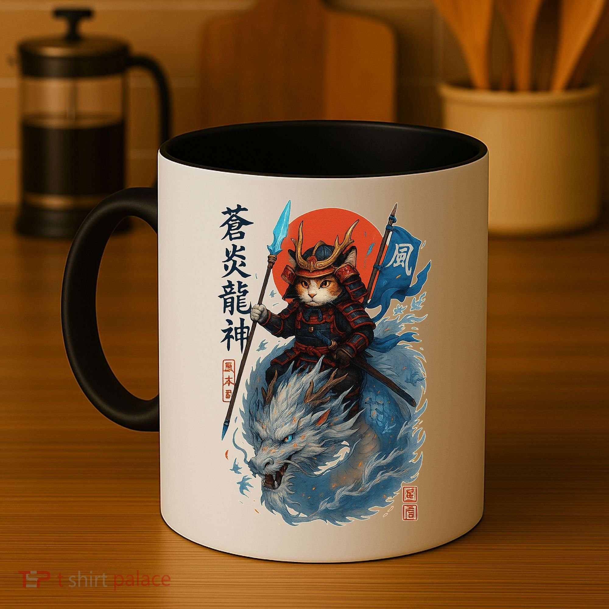 Samurai Cat Warrior And Mystic Blue Dragon Coffee Mug
