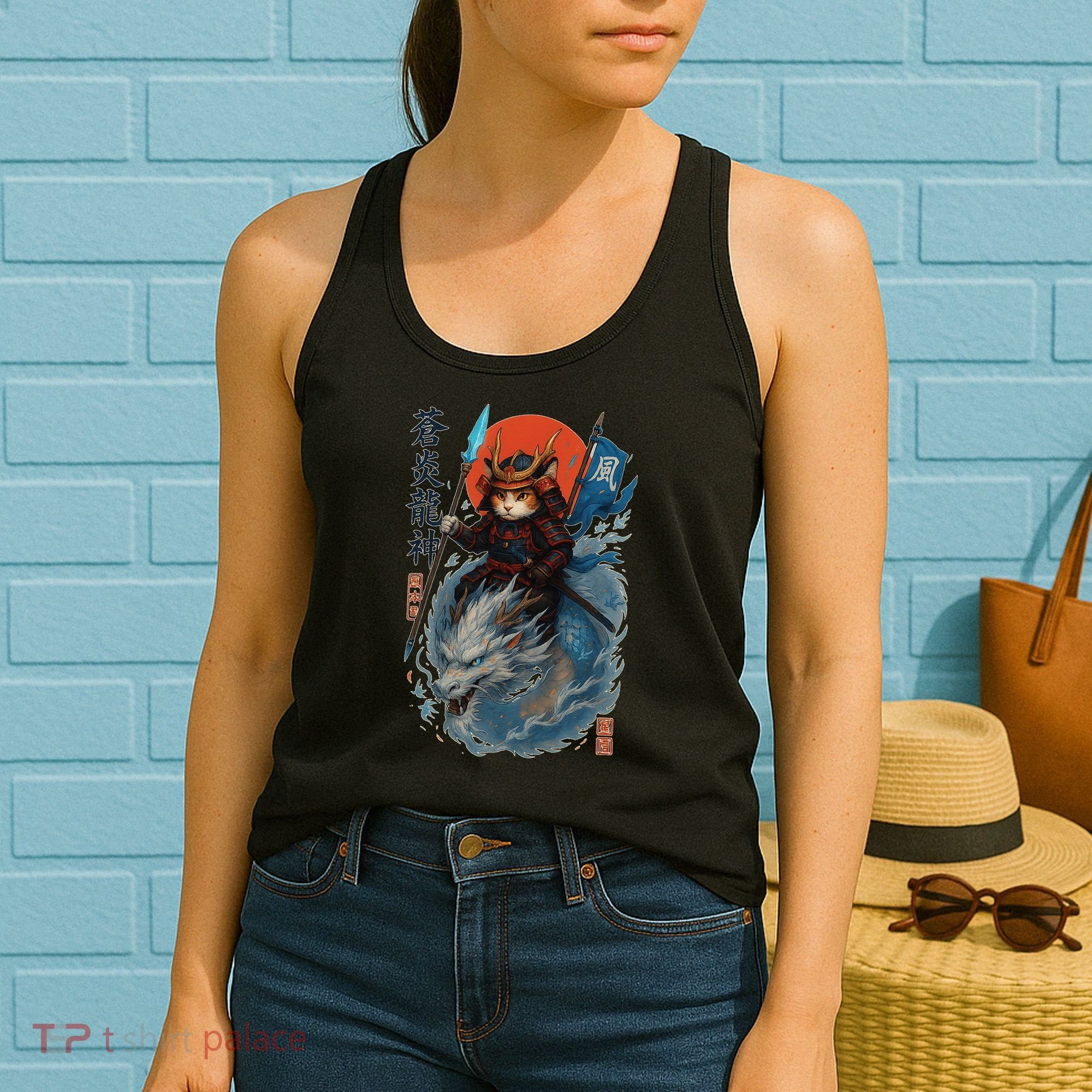Samurai Cat Warrior And Mystic Blue Dragon Women's Tank Top