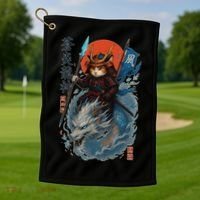 Samurai Cat Warrior And Mystic Blue Dragon Golf Towel thumb 1