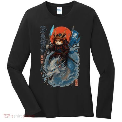 Samurai Cat Warrior And Mystic Blue Dragon Women's Long Sleeve Shirt