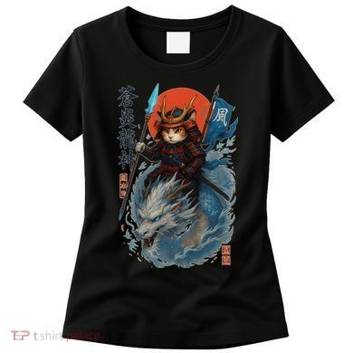 Samurai Cat Warrior And Mystic Blue Dragon Women's T-Shirt