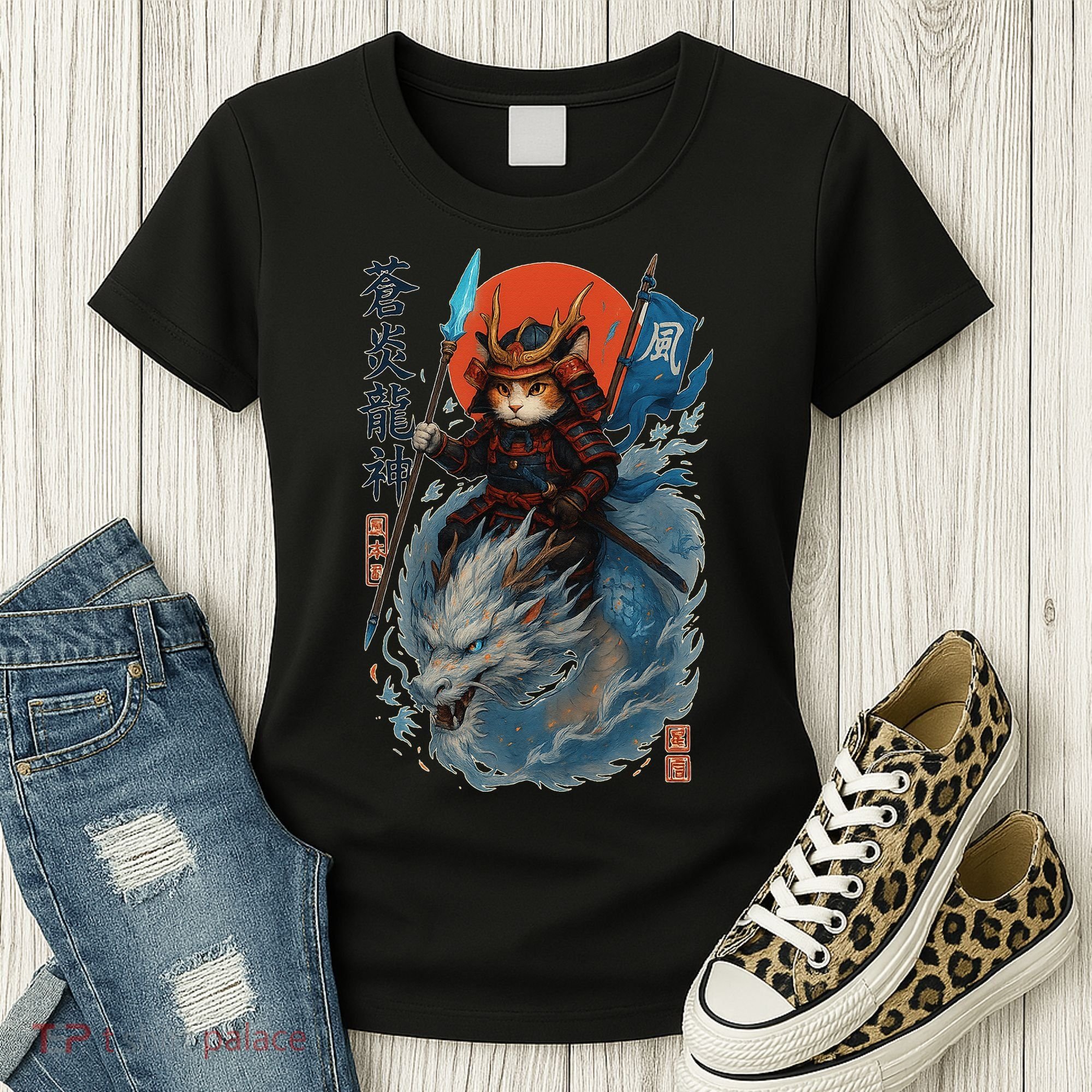 Samurai Cat Warrior And Mystic Blue Dragon Women's T-Shirt