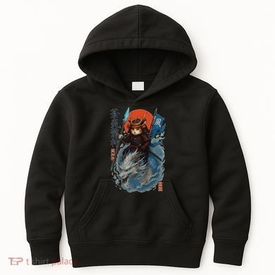 Samurai Cat Warrior And Mystic Blue Dragon Kids Hoodie