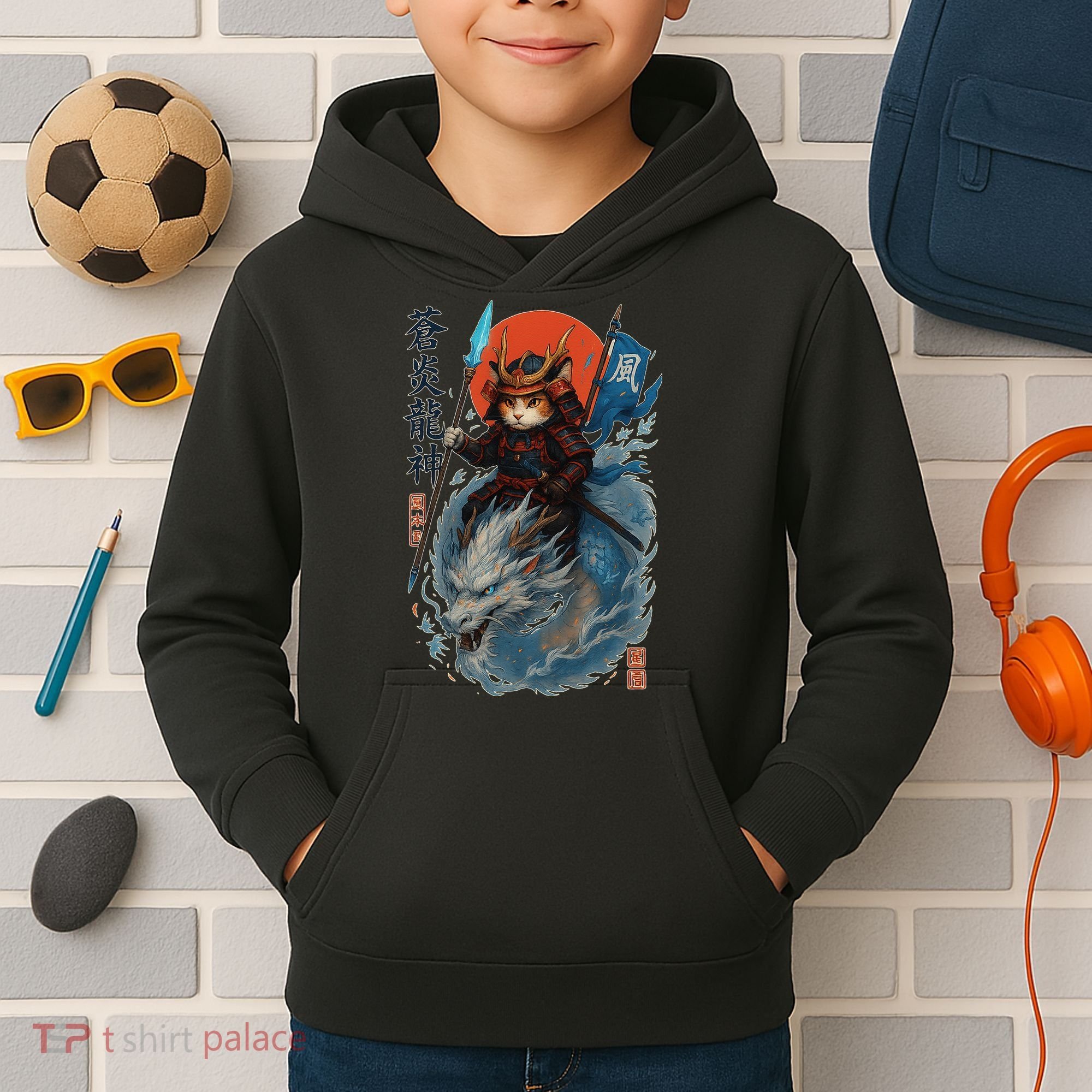 Samurai Cat Warrior And Mystic Blue Dragon Kids Hoodie