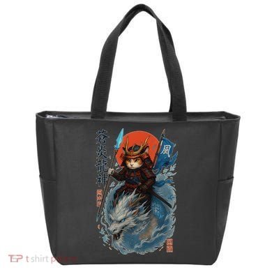 Samurai Cat Warrior And Mystic Blue Dragon Tote Bag
