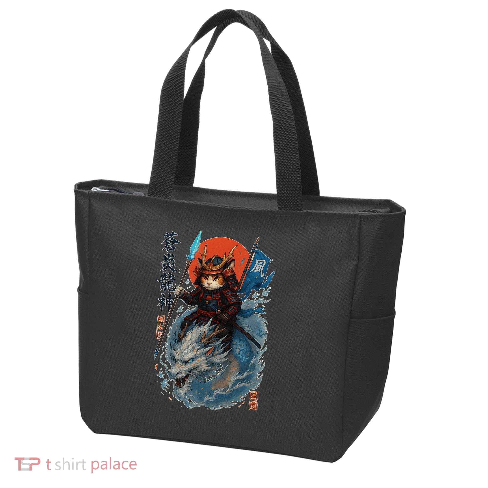 Samurai Cat Warrior And Mystic Blue Dragon Tote Bag