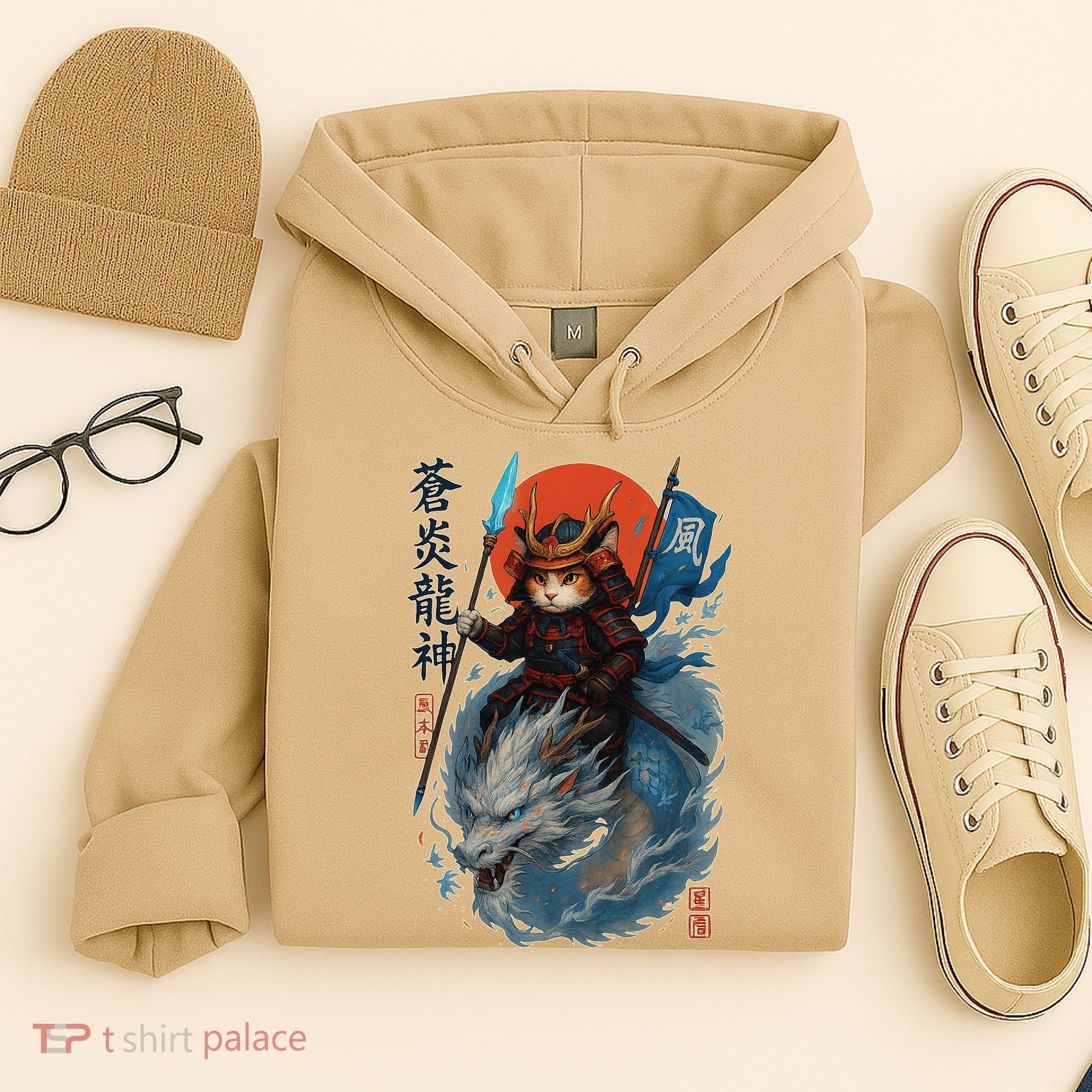 Samurai Cat Warrior And Mystic Blue Dragon Hoodie