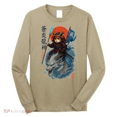 Samurai Cat Warrior And Mystic Blue Dragon Long Sleeve Shirt