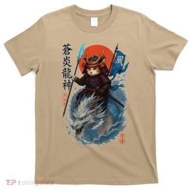 Samurai Cat Warrior And Mystic Blue Dragon T-Shirt