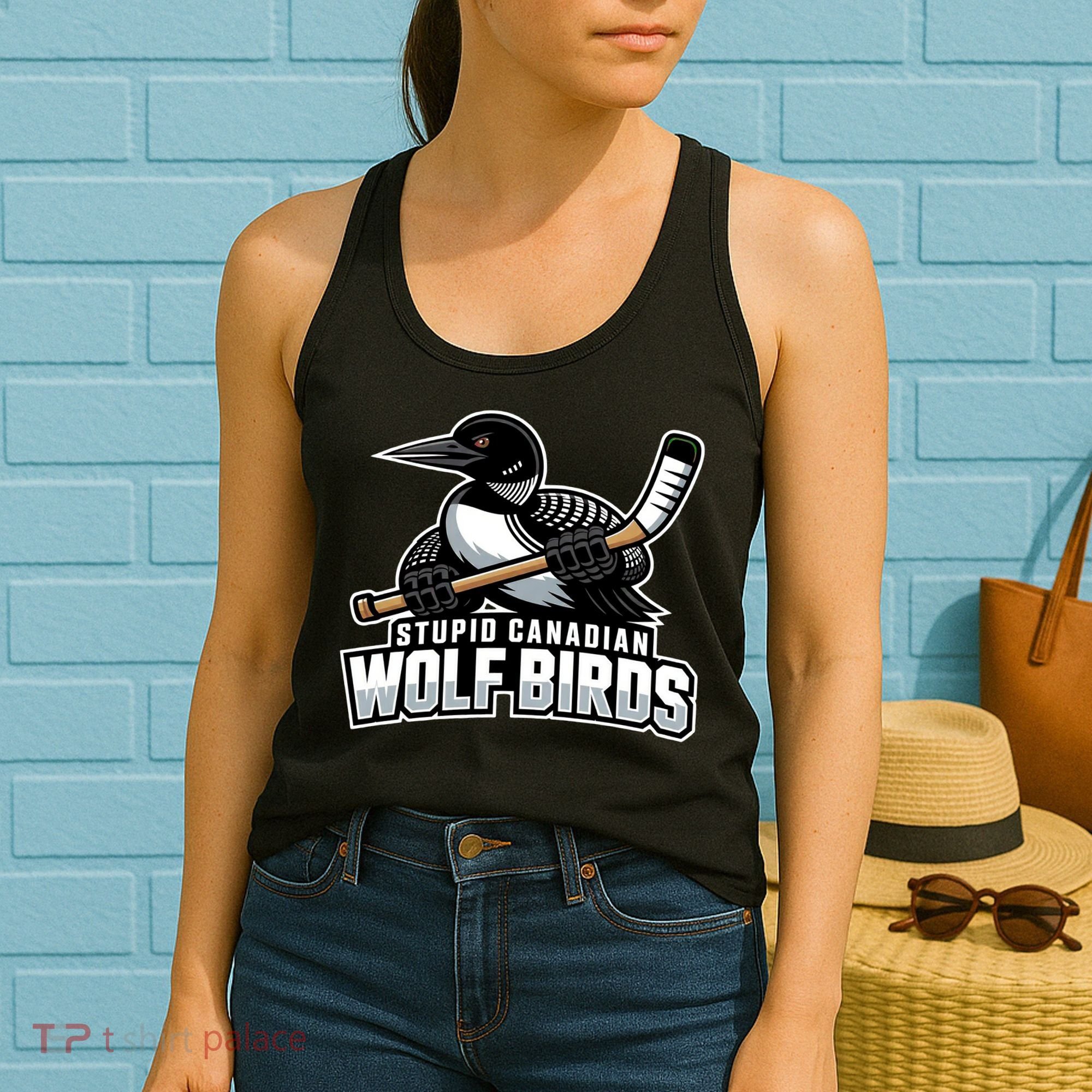 Stupid Canadian Wolf Bird Hockey Duck Funny Women's Tank Top