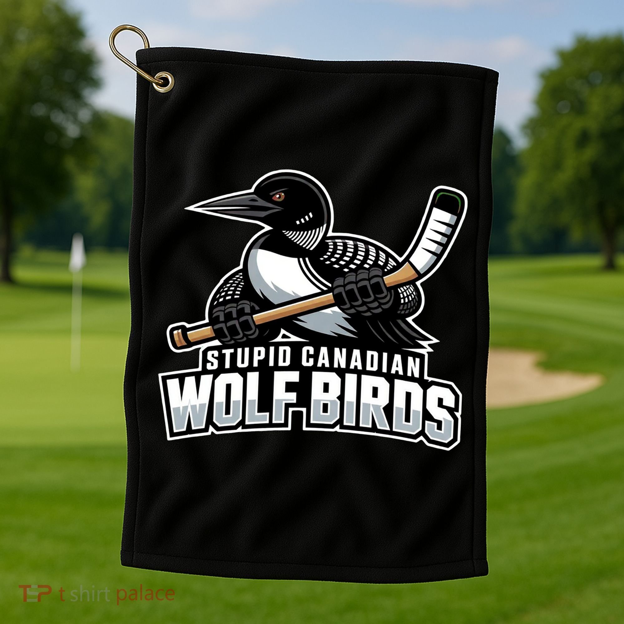Stupid Canadian Wolf Bird Hockey Duck Funny Golf Towel