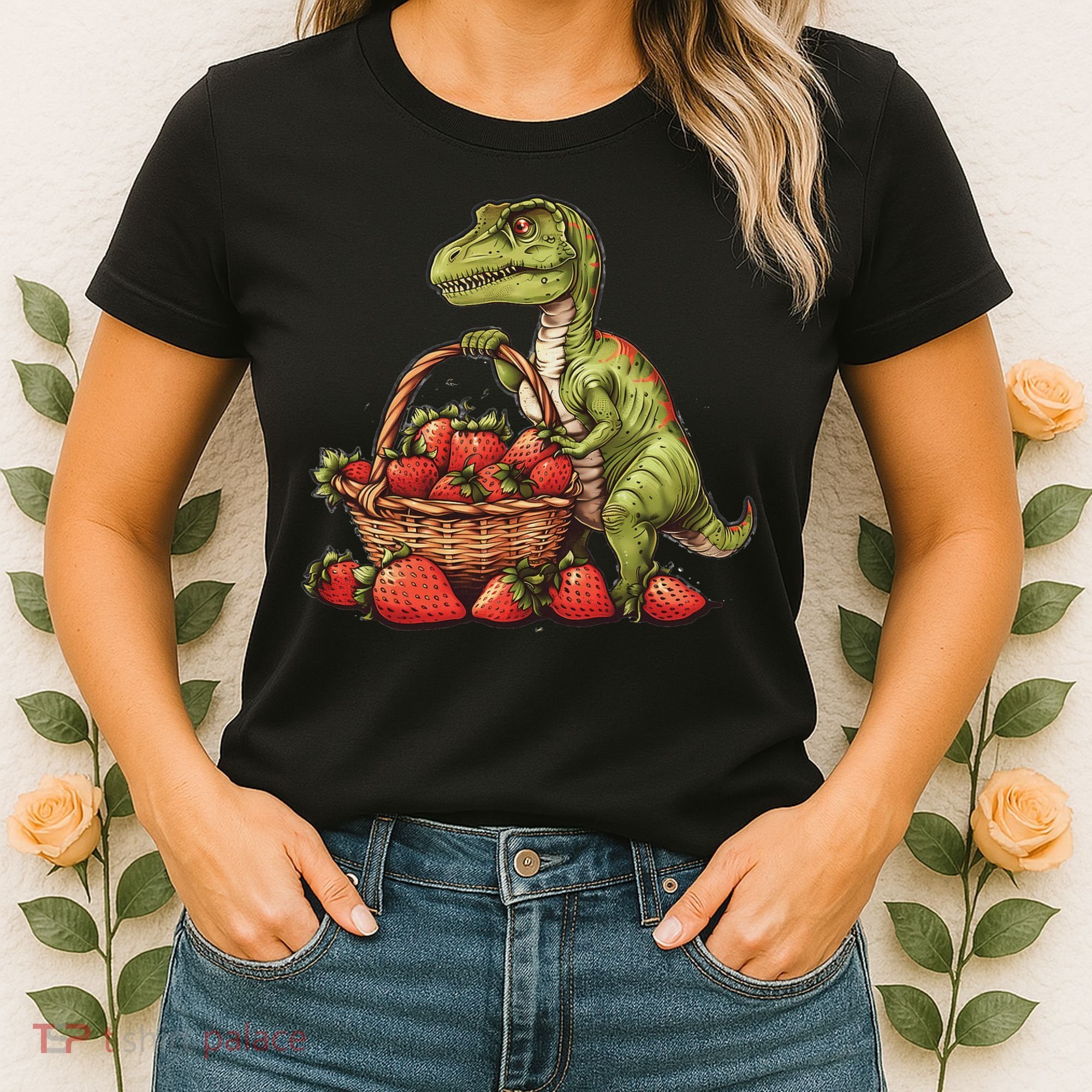 Strawberry Dinosaur Artwork Funny Dino Strawberry Fruit Women's T-Shirt