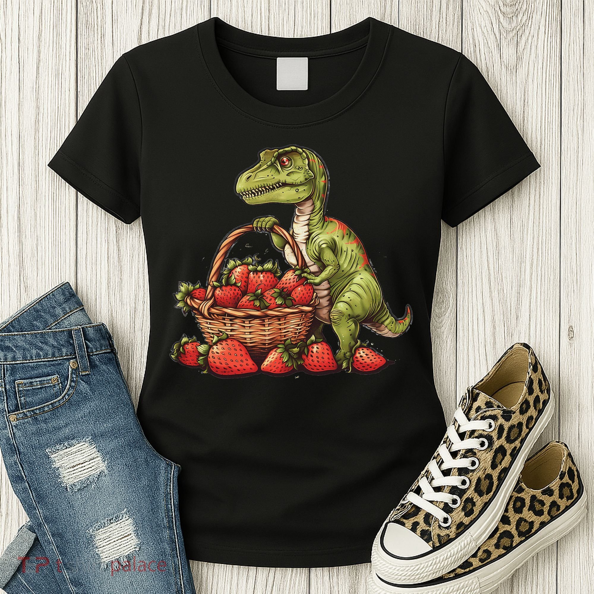 Strawberry Dinosaur Artwork Funny Dino Strawberry Fruit Women's T-Shirt