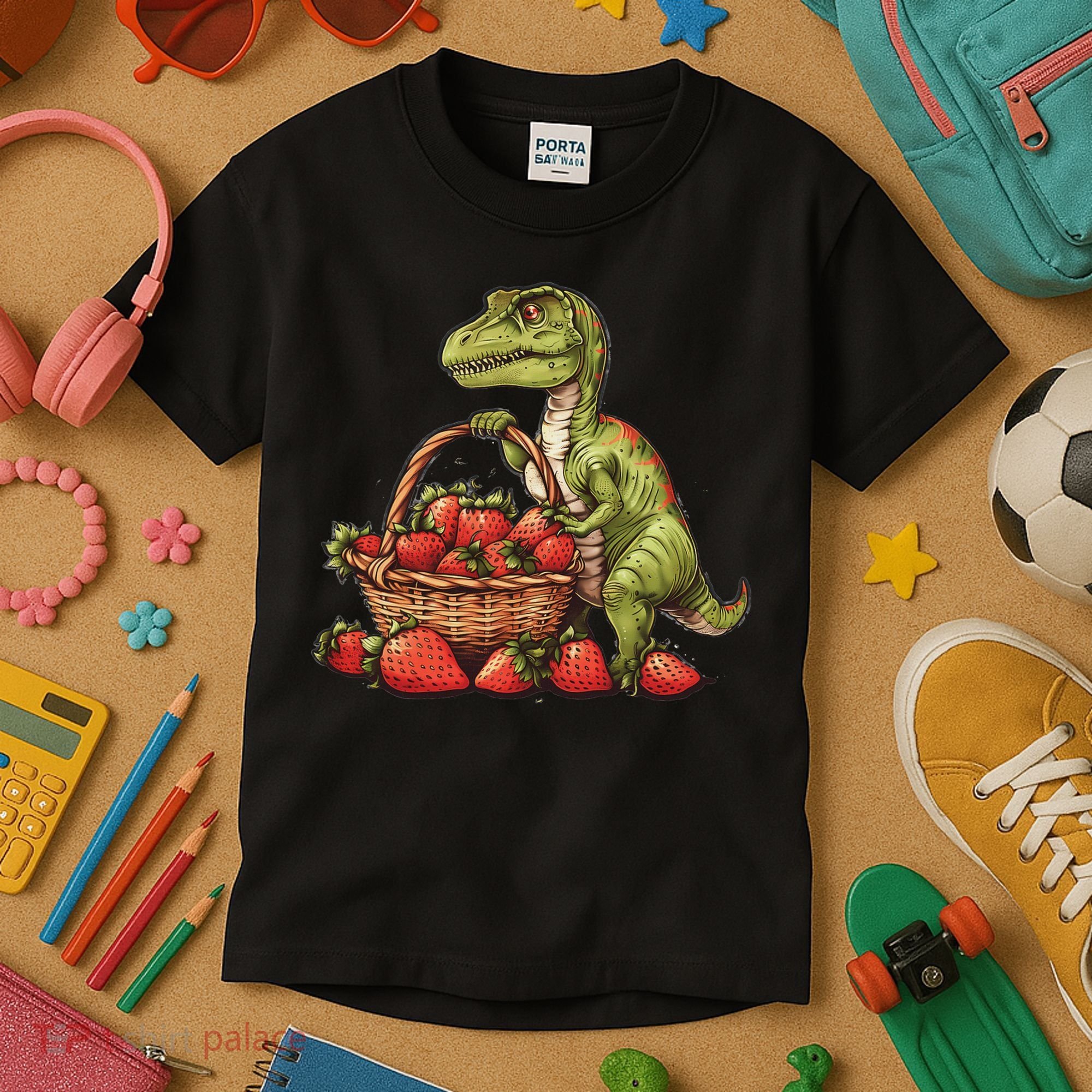 Strawberry Dinosaur Artwork Funny Dino Strawberry Fruit Kids T-Shirt