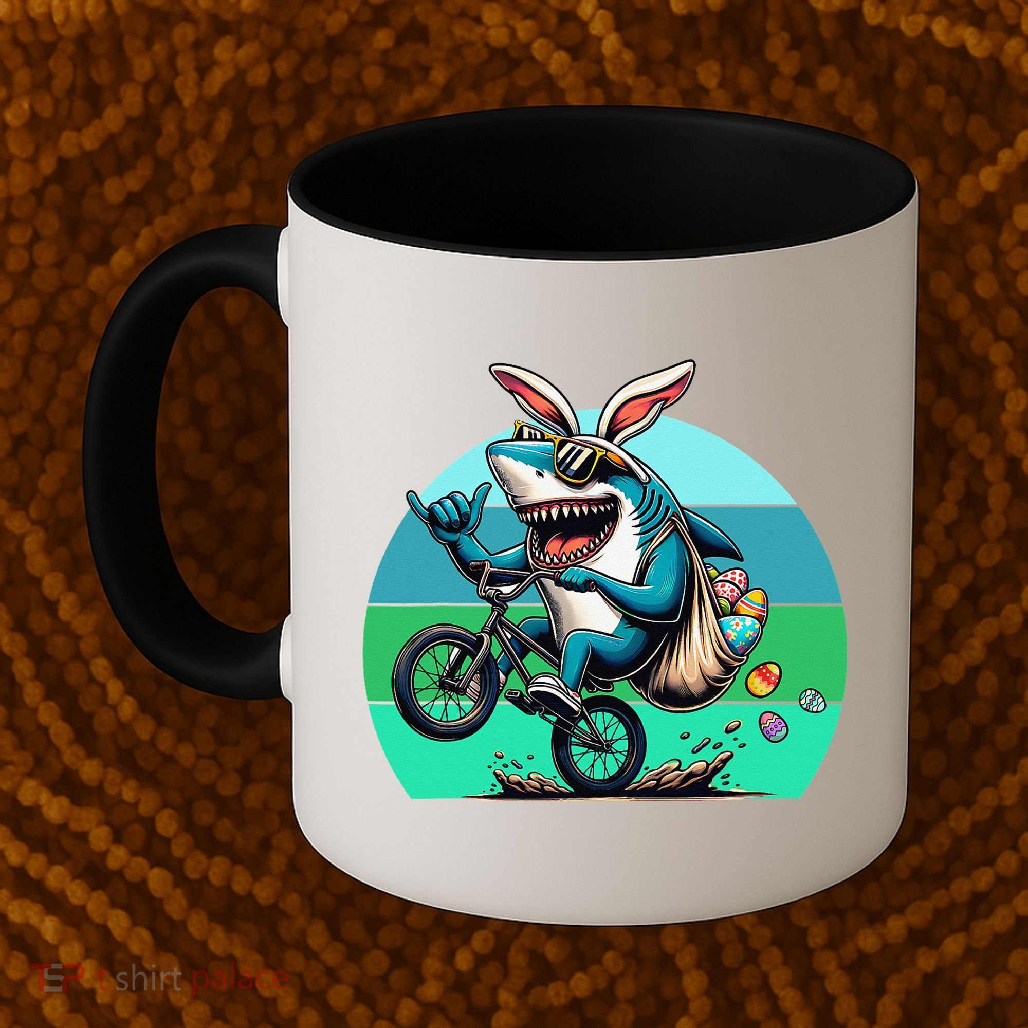 Shark Dressed As Easter Bunny Riding A BMX Bike Coffee Mug