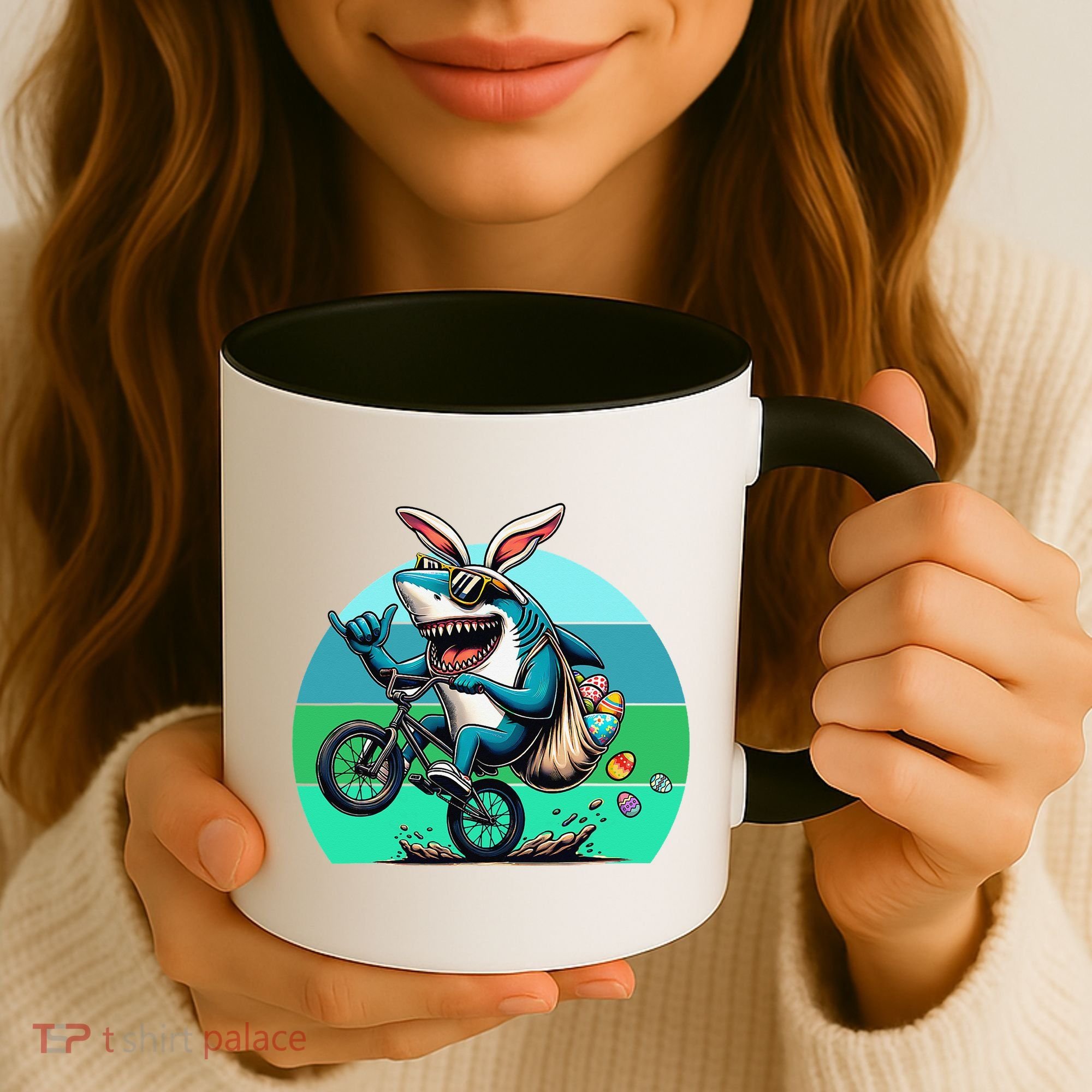 Shark Dressed As Easter Bunny Riding A BMX Bike Coffee Mug