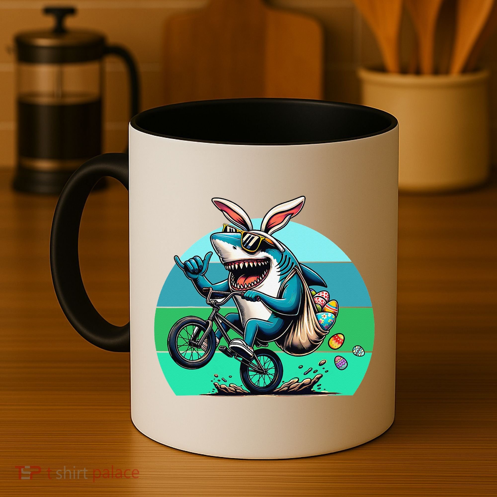 Shark Dressed As Easter Bunny Riding A BMX Bike Coffee Mug