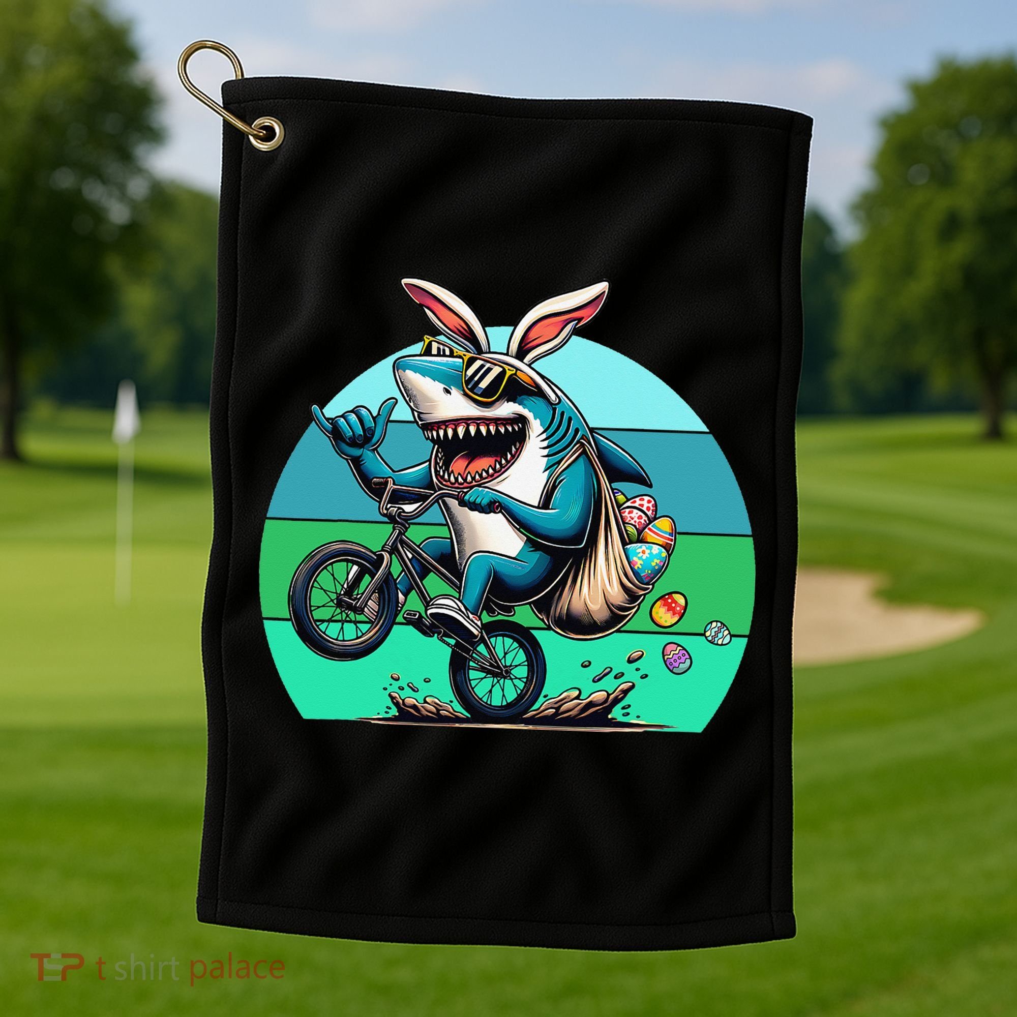 Shark Dressed As Easter Bunny Riding A BMX Bike Golf Towel