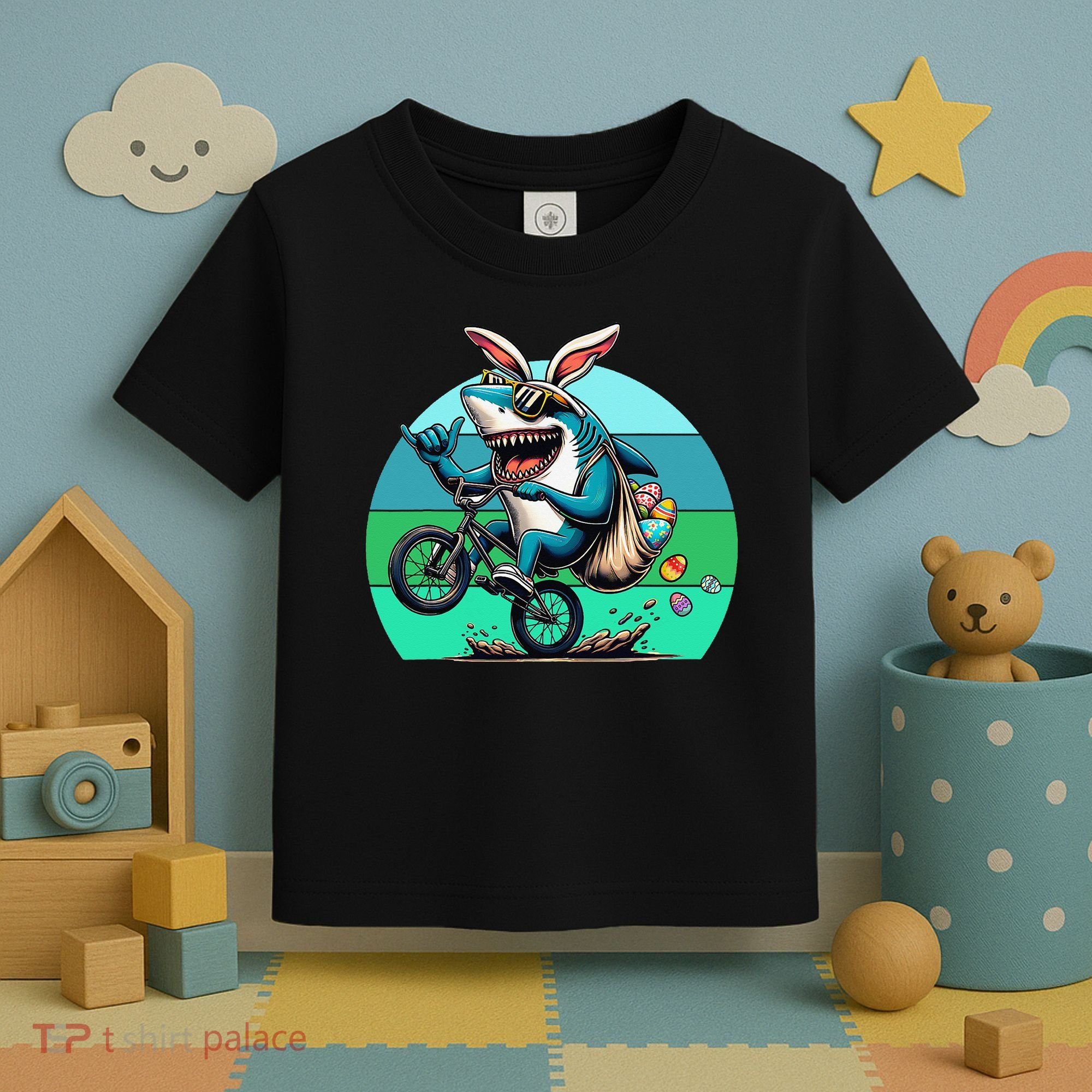 Shark Dressed As Easter Bunny Riding A BMX Bike Toddler T-Shirt