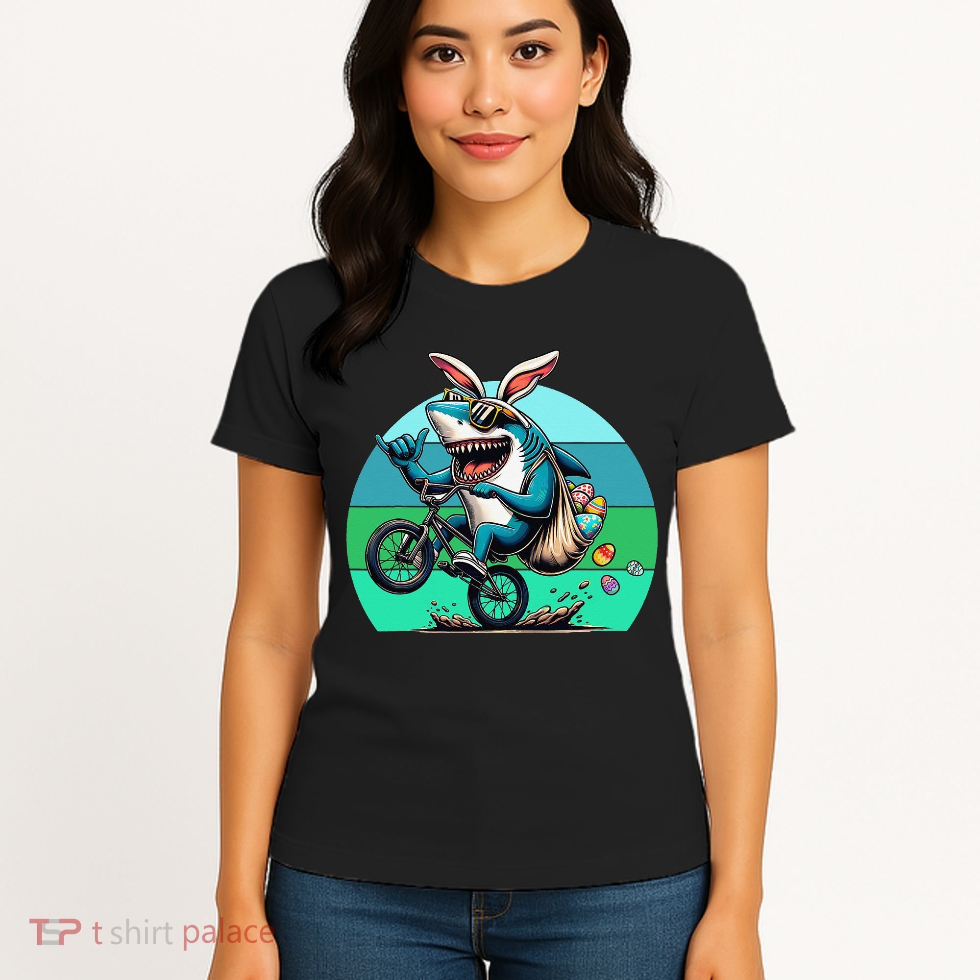 Shark Dressed As Easter Bunny Riding A BMX Bike Women's T-Shirt