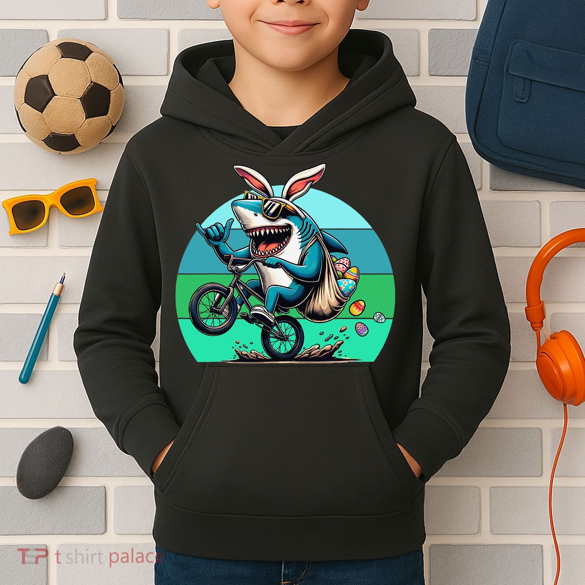 Shark Dressed As Easter Bunny Riding A BMX Bike Kids Hoodie
