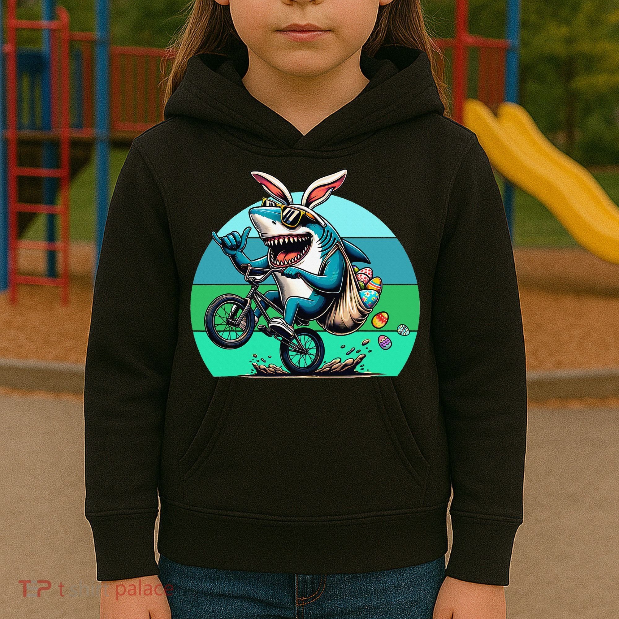 Shark Dressed As Easter Bunny Riding A BMX Bike Kids Hoodie