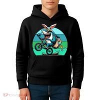 Shark Dressed As Easter Bunny Riding A BMX Bike Kids Hoodie thumb 4