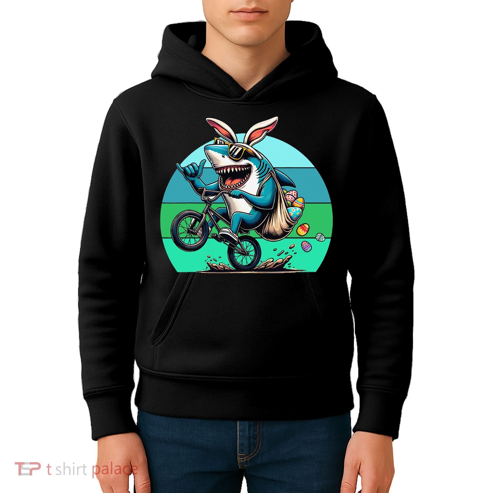 Shark Dressed As Easter Bunny Riding A BMX Bike Kids Hoodie