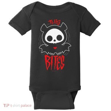 Skelanimals Diego Bat This Bites Red Halloween Spooky Logo Baby Bodysuit