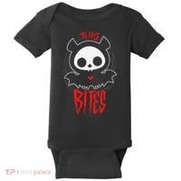 Skelanimals Diego Bat This Bites Red Halloween Spooky Logo Baby Bodysuit thumb 0