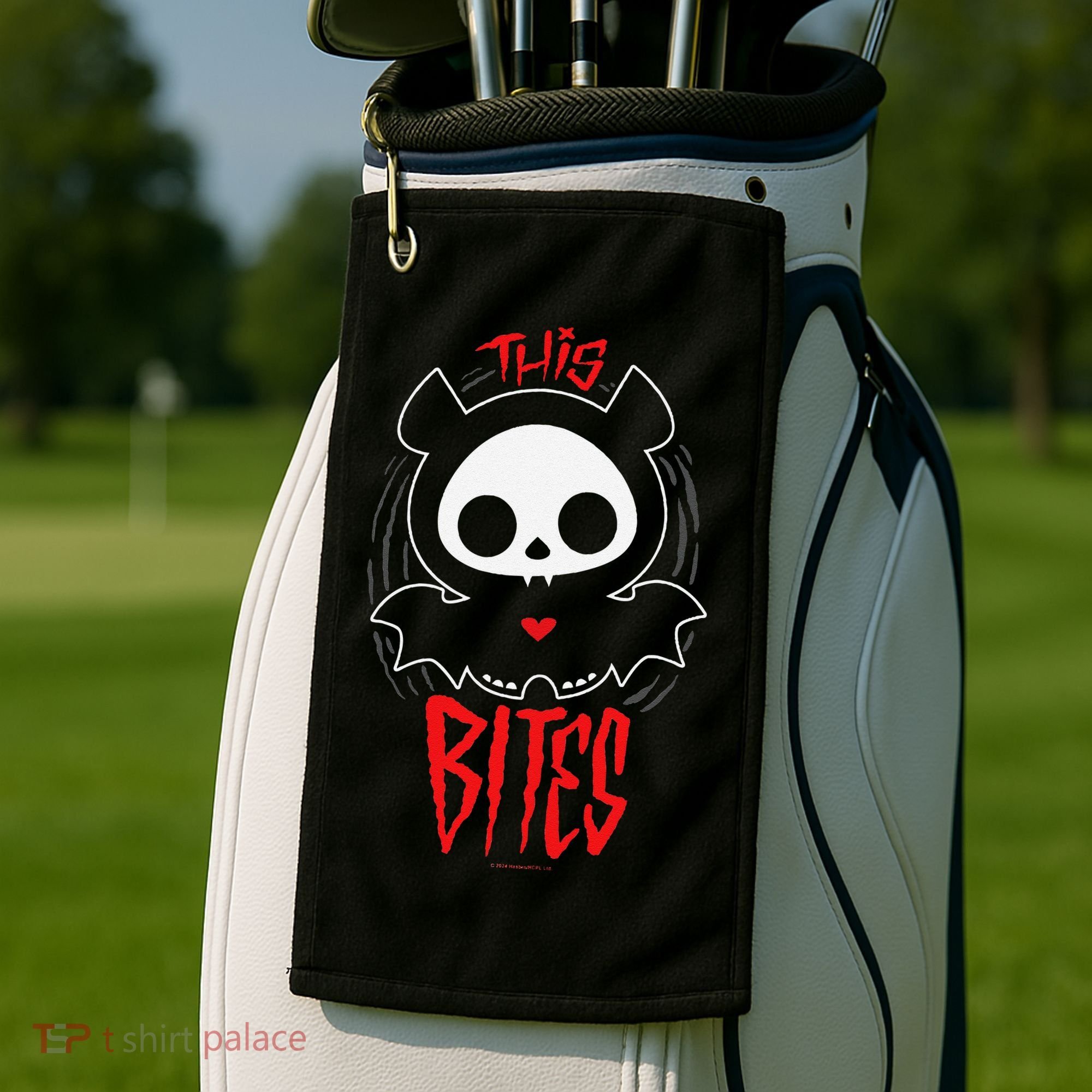 Skelanimals Diego Bat This Bites Red Halloween Spooky Logo Golf Towel