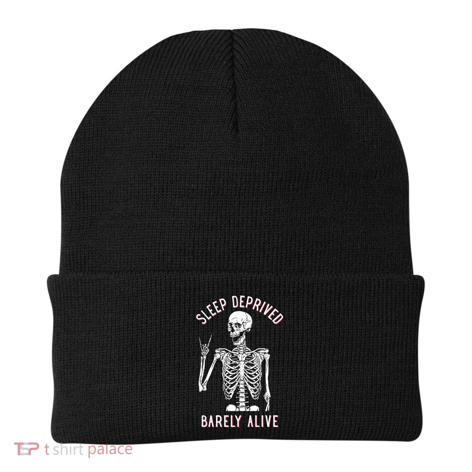 Sleep Deprived Barely Alive Funny Skeleton Halloween Beanie