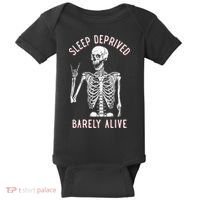 Sleep Deprived Barely Alive Funny Skeleton Halloween Baby Bodysuit thumb 0