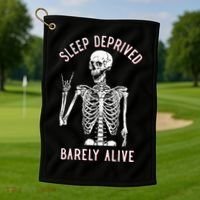 Sleep Deprived Barely Alive Funny Skeleton Halloween Golf Towel thumb 1